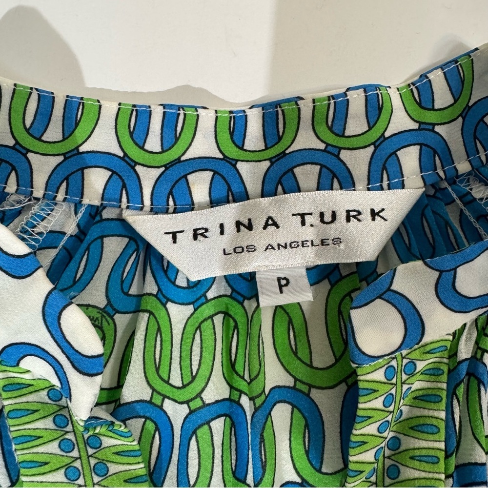 Trina Turk Blue & Green Chain-Print Long-Sleeve Silk Blouse Small - Picture 3 of 9